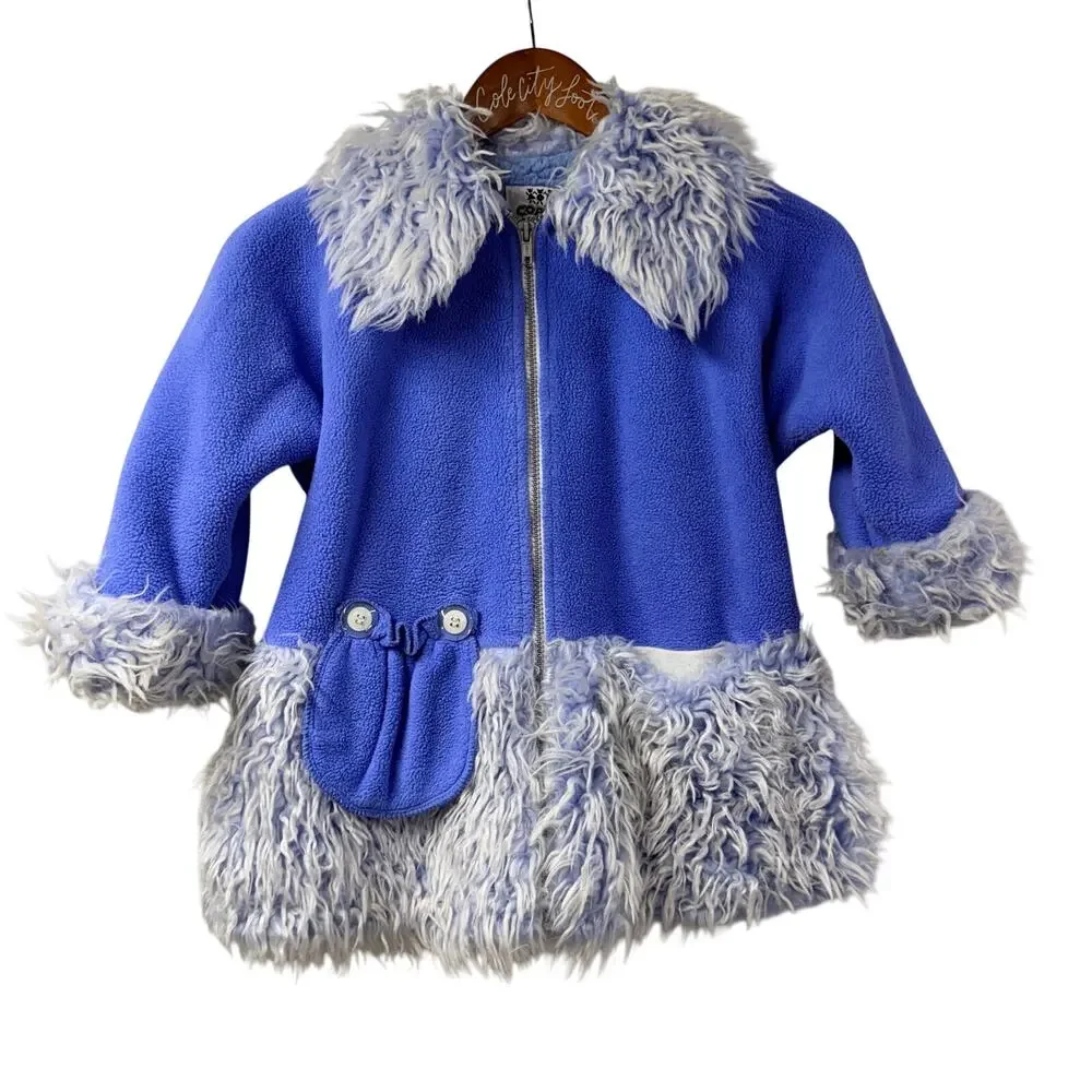 Corky & Company Jacket & Hat Set Vintage Blue Girls M/L Shaggy Faux Fur Trim